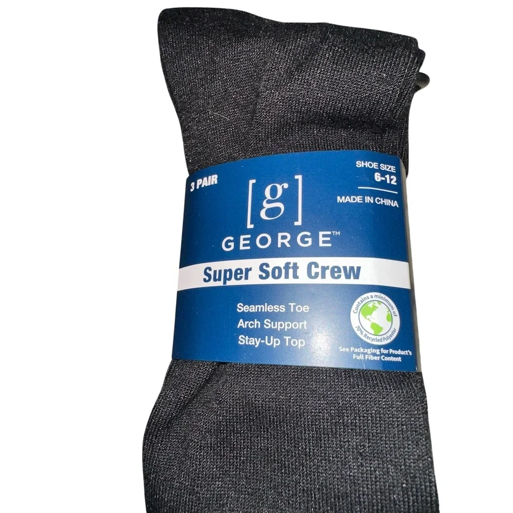 NWT George Mens Super Soft Crew Socks 3 Pair Pack Size 6-12 Seamless‎ Toe